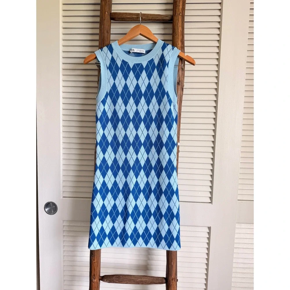 Zara Womens Blue Argyle Knit Sleeveless Mini Dress Size Small Preppy Crew Neck
